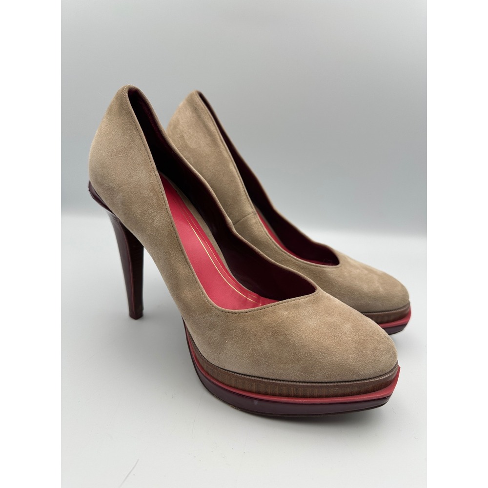Cole Haan NIKE AIR Taupe‎ Suede Platform Pumps Burgundy Wood Heel 7.5B RARE